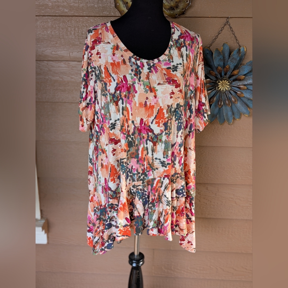 LOGO by Lori Goldstein Rayon 230 Knit Ruffle Hem Multicolor Abstract Tunic